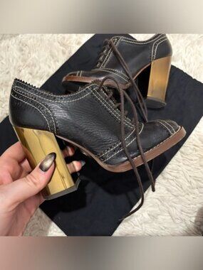 Dolce&Gabbana Brown Patent Leather Lace Up Loafer Pumps Chunky Retro Gold Heels